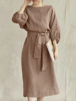 Women's Cotton Linen Dress Shift Dress A Line Dress Maxi Long Dress Cotton Blend Fashion Modern Outdoor Daily Vacation Round Neck With Belt Tie Belt 3/4 Length Sleeve Summer Spring 2023 Regular Fit