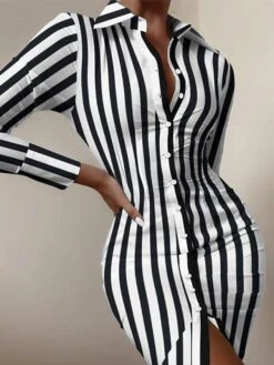 Women's Shirt Dress Casual Dress Midi Dress Outdoor Daily Vacation Polyester Fashion Casual Shirt Collar Button Long Sleeve Spring Fall Winter 2023 Regular Fit Black White Red Letter Tie Dye Striped -HAYz Clothing Shop dopaqi1693386323186