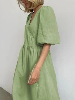 Women's Casual Dress Cotton Linen Dress Wrap Dress Midi Dress Cotton Basic Classic Outdoor Daily Vacation V Neck Lace Up Half Sleeve Spring Fall Autumn 2023 Regular Fit Orange Green Plain S M L -HAYz Clothing Shop doyokn1692872415631