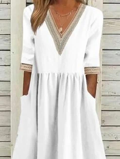 Women's Casual Dress Cotton Linen Dress Swing Dress Midi Dress Cotton Blend Basic Classic Outdoor Daily V Neck Patchwork Pocket Half Sleeve Summer Spring Fall 2023 Loose Fit White Plain S M L XL 2XL -HAYz Clothing Shop dpgsgu1687260867030