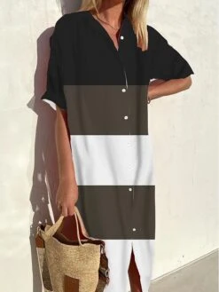 Women's Shirt Dress Mini Dress Office Daily Date Polyester Modern Casual Shirt Collar Button Print Half Sleeve Summer Spring Fall 2023 Loose Fit Black And White Black Dark Gray Graphic S M L XL 2XL -HAYz Clothing Shop dpncbp1693991195659