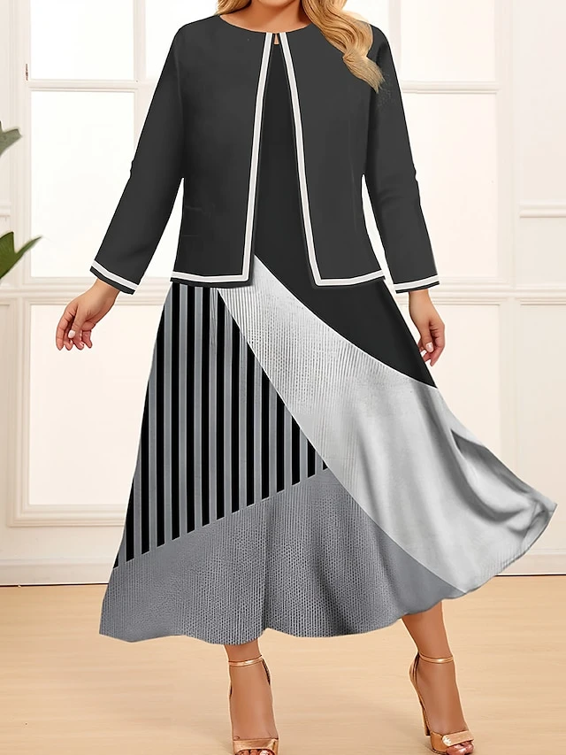 Women's Plus Size Curve Two Piece Dress Set Casual Dress Swing Dress Outdoor Office Fashion Streetwear Print Midi Dress Crew Neck Long Sleeve Geometric Color Block Wine Blue Khaki Spring Fall L 1 Women's Plus Size Curve Two Piece Dress Set Casual Dress Swing Dress Outdoor Office Fashion Streetwear Print Midi Dress Crew Neck Long Sleeve Geometric Color Block Wine Blue Khaki Spring Fall L