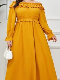 Women's Plus Size Prom Dress Party Dress Wedding Guest Dress Long Dress Maxi Dress Yellow Long Sleeve Pure Color Ruffle Fall Winter Autumn Off Shoulder Fashion Winter Dress Evening Party Wedding Guest -HAYz Clothing Shop dpzmxi1693535310434