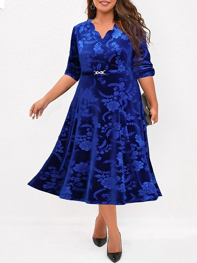 Women's Plus Size Party Dress Velvet Dress Cocktail Dress Midi Dress Wine Blue Purple Long Sleeve Floral Jacquard Spring Fall Winter Split Neck Fashion Winter Dress Wedding Guest Vacation 2023 XL XXL 4 Women's Plus Size Party Dress Velvet Dress Cocktail Dress Midi Dress Wine Blue Purple Long Sleeve Floral Jacquard Spring Fall Winter Split Neck Fashion Winter Dress Wedding Guest Vacation 2023 XL XXL - Image 4