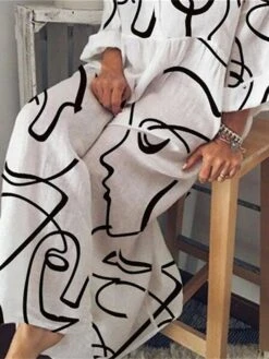 Women's Casual Dress Cotton Linen Dress White Dress Maxi Long Dress Linen / Cotton Blend Classic Casual Outdoor Daily Vacation V Neck Print Long Sleeve Spring Fall Winter 2023 Loose Fit White Abstract -HAYz Clothing Shop dqmung1692341162646