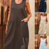 Women's Casual Dress Cotton Linen Dress Tank Dress Midi Dress Cotton Blend Basic Classic Outdoor Daily U Neck Pocket Sleeveless Summer Spring 2023 Loose Fit Navy Blue Blue Brown Plain S M L XL 2XL