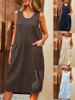 Women's Casual Dress Cotton Linen Dress Tank Dress Midi Dress Cotton Blend Basic Classic Outdoor Daily U Neck Pocket Sleeveless Summer Spring 2023 Loose Fit Navy Blue Blue Brown Plain S M L XL 2XL