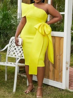 Women's Plus Size Curve Party Dress Cocktail Dress Bodycon Plain Midi Dress Short Sleeve Ruffle Bow One Shoulder Fashion Party Yellow Pink Fall Winter XL XXL 3XL 4XL -HAYz Clothing Shop dqwelq1694425975454