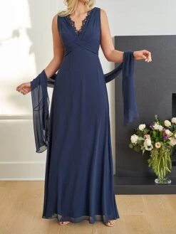 Women's Two Piece Dress Set Party Dress Lace Dress Party Outdoor Fashion Streetwear Lace Patchwork Long Dress Maxi Dress V Neck Sleeveless Plain Regular Fit Navy Blue Fall Winter S M L XL XXL