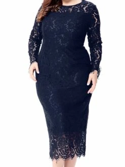 Women‘s Plus Size Curve Party Dress Solid Color Crew Neck Lace Long Sleeve Fall Spring Prom Dress Maxi Long Dress Party Vacation Dress Cotton -HAYz Clothing Shop drphur1660209285220