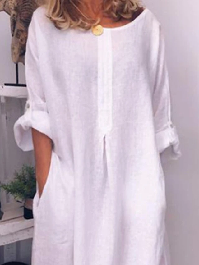 Women's Casual Dress Cotton Linen Dress Shift Dress Maxi Long Dress Cotton Blend Modern Casual Daily Vacation Boat Neck Ruched Pocket Long Sleeve Summer Spring Fall 2023 Loose Fit White Pure Color S 8 Women's Casual Dress Cotton Linen Dress Shift Dress Maxi Long Dress Cotton Blend Modern Casual Daily Vacation Boat Neck Ruched Pocket Long Sleeve Summer Spring Fall 2023 Loose Fit White Pure Color S - Image 8