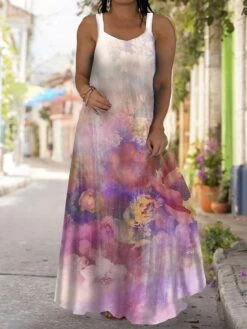 Women‘s Plus Size Curve Casual Dress Strap Dress Floral Long Dress Maxi Dress Sleeveless Print Strap Fashion Outdoor Pink Red Summer Spring L XL XXL 3XL 4XL -HAYz Clothing Shop drxpci1681284867685