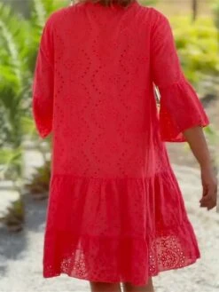 Women's Casual Dress Cotton Linen Dress Shift Dress Midi Dress Cotton Blend Fashion Casual Outdoor Daily Vacation Split Neck Ruffle Button 3/4 Length Sleeve Summer Spring Fall 2023 Loose Fit White Red -HAYz Clothing Shop dsdspm1685442944322