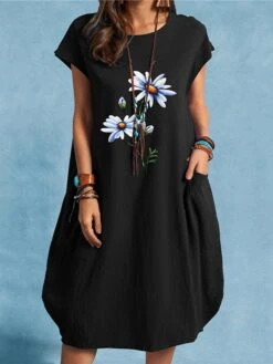 Women's Cotton Linen Dress Midi Dress Linen Cotton Blend Casual Outdoor Daily Vacation Crew Neck Pocket Rolled Cuff Short Sleeve Summer Spring 2023 Loose Fit Black White Navy Blue Floral S M L XL XXL -HAYz Clothing Shop dshasq1654165016444