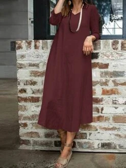 Women's Plus Size Curve Work Dress A Line Dress Fashion Long Dress Maxi Dress Patchwork V Neck 3/4 Length Sleeve Plain Loose Fit Wine Dark Blue Beige Fall L XL XXL 3XL 4XL -HAYz Clothing Shop dsiknu1693299510897