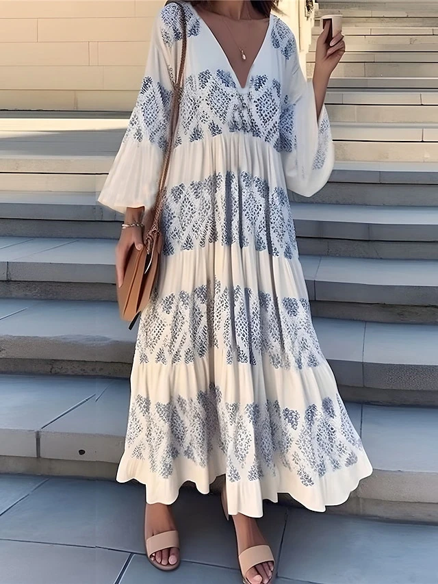 Women's Casual Dress Cotton Linen Dress Swing Dress Maxi Long Dress Polyester Fashion Modern Outdoor Daily Vacation V Neck Print 3/4 Length Sleeve Summer Spring Fall 2023 Loose Fit White Blue 2 Women's Casual Dress Cotton Linen Dress Swing Dress Maxi Long Dress Polyester Fashion Modern Outdoor Daily Vacation V Neck Print 3/4 Length Sleeve Summer Spring Fall 2023 Loose Fit White Blue - Image 2