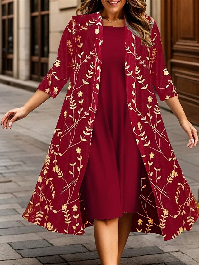 Women's Plus Size Curve Casual Dress Dress Set Two Piece Dress Leaf Floral Midi Dress 3/4 Length Sleeve Print Crew Neck Fashion Outdoor Wine Fall Winter L XL XXL 3XL 4XL 1 Women's Plus Size Curve Casual Dress Dress Set Two Piece Dress Leaf Floral Midi Dress 3/4 Length Sleeve Print Crew Neck Fashion Outdoor Wine Fall Winter L XL XXL 3XL 4XL