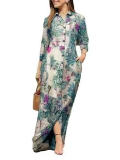 Women's Shirt Dress Casual Dress Linen Dress Maxi Long Dress Winter Dress Daily Holiday Cotton Linen Modern Casual Shirt Collar Pocket Print Long Sleeve Summer Spring Fall 2023 Regular Fit Yellow -HAYz Clothing Shop dsxxvj1651660009552