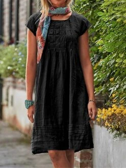 Women's Casual Dress Cotton Linen Dress Midi Dress Cotton Blend Basic Classic Outdoor Daily Crew Neck Basic Short Sleeve Summer Spring 2023 Loose Fit Black Yellow Sky Blue Plain S M L XL 2XL -HAYz Clothing Shop dszrgs1687931010948