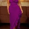 Women‘s Plus Size Curve Party Dress Satin Dress Sheath Dress Solid Color Long Dress Maxi Dress Sleeveless Ruffle Backless Halter Fashion Party Purple Summer Spring L XL XXL