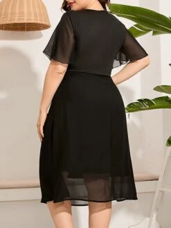 Women‘s Plus Size Curve Party Dress Cocktail Dress Wedding Guest Dress Black Dress Midi Dress Short Sleeve Pure Color Layered Summer Spring Fall V Neck Fashion Birthday Wedding Guest Vacation 2023 -HAYz Clothing Shop dtepob1691464155555
