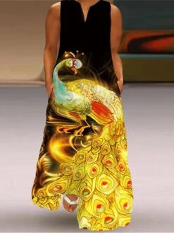 Women‘s Plus Size Curve Casual Dress A Line Dress Animal Floral Long Dress Maxi Dress Sleeveless Pocket Print V Neck Fashion Daily White Yellow Spring Summer L XL XXL 3XL 4XL -HAYz Clothing Shop dtifdg1675926869717