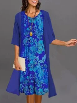 Women's Two Piece Dress Set Casual Dress Print Dress Outdoor Daily Fashion Elegant Print Midi Dress Crew Neck 3/4 Length Sleeve Floral Regular Fit Wine Navy Blue Blue Summer Spring S M L XL XXL -HAYz Clothing Shop dtjuwe1687920845428