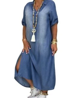 Women‘s Plus Size Curve Casual Dress Shirt Dress Shift Dress Solid Color Long Dress Maxi Dress 3/4 Length Sleeve Button Pocket Shirt Collar Basic Daily Blue Fall Spring L XL XXL 3XL -HAYz Clothing Shop dtymwg1676548772580