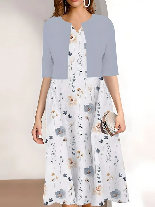 Women's Two Piece Dress Set Casual Dress Print Dress Outdoor Daily Fashion Elegant Print Midi Dress V Neck Half Sleeve Floral Print Regular Fit Pink Navy Blue Sky Blue Summer Spring S M L XL XXL 5 Women's Two Piece Dress Set Casual Dress Print Dress Outdoor Daily Fashion Elegant Print Midi Dress V Neck Half Sleeve Floral Print Regular Fit Pink Navy Blue Sky Blue Summer Spring S M L XL XXL - Image 5