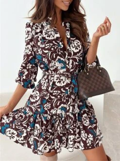 Women's Shirt Dress Casual Dress Swing Dress Mini Dress Outdoor Daily Vacation Polyester Fashion Casual Shirt Collar Lace Up Pocket Long Sleeve Spring Fall Winter 2023 Loose Fit Blue Brown Apricot -HAYz Clothing Shop duhdnp1696846055238