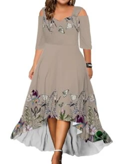 Women‘s Plus Size Curve Party Dress Wedding Guest Dress Swing Dress Long Dress Maxi Dress Pink Blue Green 3/4 Length Sleeve Floral Cold Shoulder Summer Spring Fall V Neck Fashion Birthday -HAYz Clothing Shop dumcbr1690280939751