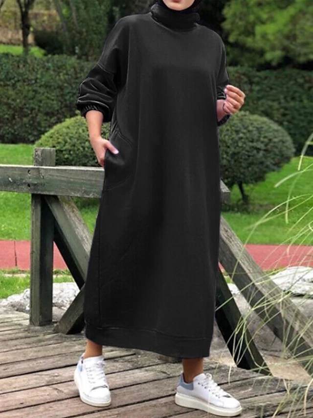 Women‘s Plus Size Curve Sweatshirt Dress Solid Color Stand Collar Long Sleeve Winter Fall Casual Classic Maxi Long Dress Daily Vacation Dress 3 Women‘s Plus Size Curve Sweatshirt Dress Solid Color Stand Collar Long Sleeve Winter Fall Casual Classic Maxi Long Dress Daily Vacation Dress - Image 3