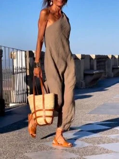 Women's Casual Dress Cotton Linen Dress Shift Dress Midi Dress Linen / Cotton Blend Fashion Basic Outdoor Daily Vacation One Shoulder Split Sleeveless Summer Spring Fall 2023 Loose Fit Khaki Plain S -HAYz Clothing Shop dvahfe1692238266759
