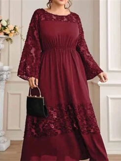 Women's Plus Size Prom Dress Party Dress Wedding Guest Dress Long Dress Maxi Dress Wine Long Sleeve Pure Color Ruched Fall Winter Autumn Crew Neck Fashion Winter Dress Wedding Guest Evening Party -HAYz Clothing Shop dvegxd1693207119241