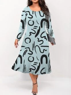 Women's Plus Size Curve Casual Dress Skater Dress A Line Dress Letter Midi Dress Long Sleeve Print Crew Neck Fashion Outdoor Blue Green Fall Winter L XL XXL 3XL 4XL -HAYz Clothing Shop dvvxbw1695191647882