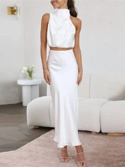 Women's Two Piece Dress Set Casual Dress Skirt Set Daily Holiday Fashion Sexy Ruched Long Dress Maxi Dress Stand Collar Sleeveless Plain Regular Fit Black White Light Green Summer Spring S M L XL -HAYz Clothing Shop dvxyuv1690857193820