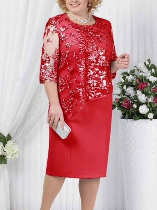 Women‘s Plus Size Curve Sheath Dress Floral Round Neck Lace Half Sleeve Fall Spring Work Vintage Prom Dress Knee Length Dress Party Daily Dress 5 Women‘s Plus Size Curve Sheath Dress Floral Round Neck Lace Half Sleeve Fall Spring Work Vintage Prom Dress Knee Length Dress Party Daily Dress - Image 5