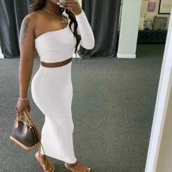 Women's Dress Set Two Piece Dress Skirt Set Long Dress Maxi Dress Black White Pink Long Sleeve Pure Color Cold Shoulder Summer Spring One Shoulder Stylish Winter Dress Fall Dress 2023 S M L -HAYz Clothing Shop dwaogu1640164792807