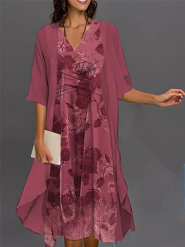 Women's Two Piece Dress Set Casual Dress Chiffon Dress Outdoor Daily Fashion Streetwear Knot Front Print Midi Dress V Neck 3/4 Length Sleeve Floral Regular Fit Pink Blue Purple Fall Winter S M L XL 6 Women's Two Piece Dress Set Casual Dress Chiffon Dress Outdoor Daily Fashion Streetwear Knot Front Print Midi Dress V Neck 3/4 Length Sleeve Floral Regular Fit Pink Blue Purple Fall Winter S M L XL - Image 6