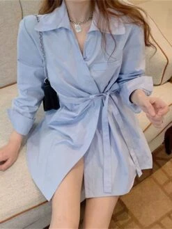 Women's Shirt Dress Casual Dress Mini Dress Outdoor Daily Vacation Polyester Fashion Modern Shirt Collar Lace Up Button Long Sleeve Spring Fall Winter 2023 Loose Fit Sky Blue Plain S M L XL 2XL -HAYz Clothing Shop dwoafa1695027662587