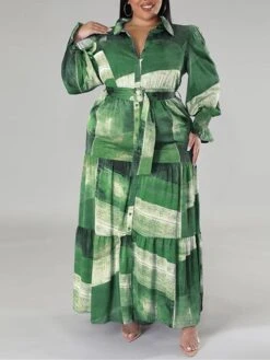 Women's Plus Size Curve Work Dress Swing Dress Semi Formal Dress Fashion Long Dress Maxi Dress Lace Up Print Shirt Collar Long Sleeve Print Yellow Royal Blue Blue Spring Fall XL XXL 3XL 4XL 5XL -HAYz Clothing Shop dwonrn1692847948358