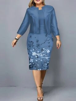 Women's Christmas Plus Size Curve Casual Dress Dress Set Two Piece Dress Floral Midi Dress Long Sleeve Print Crew Neck Fashion Outdoor Blue Purple Fall Winter L XL XXL 3XL 4XL -HAYz Clothing Shop dwqpxj1697170737559