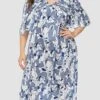 Women‘s Plus Size Curve Party Dress Shift Dress Semi Formal Dress Midi Dress Blue Short Sleeve Floral Ruffle Summer Spring Fall V Neck Fashion Wedding Guest Vacation Summer Dress 2023