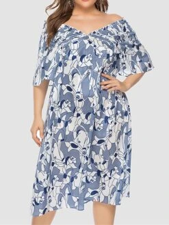 Women‘s Plus Size Curve Party Dress Shift Dress Semi Formal Dress Midi Dress Blue Short Sleeve Floral Ruffle Summer Spring Fall V Neck Fashion Wedding Guest Vacation Summer Dress 2023