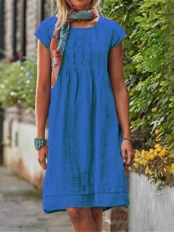 Women's Casual Dress Cotton Linen Dress Midi Dress Cotton Blend Basic Classic Outdoor Daily Crew Neck Basic Short Sleeve Summer Spring 2023 Loose Fit Black Yellow Sky Blue Plain S M L XL 2XL -HAYz Clothing Shop dwsued1691669498965