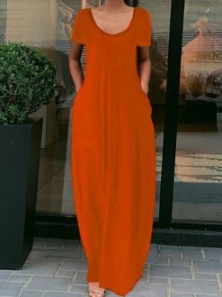 Women's Casual Dress Cotton Linen Dress Long Dress Maxi Dress Polyester Basic Daily Going Out Weekend Crew Neck Short Sleeve Summer Spring 2023 Regular Fit Fluorescent Green Black Yellow Pure Color S -HAYz Clothing Shop dwxita1630665973965