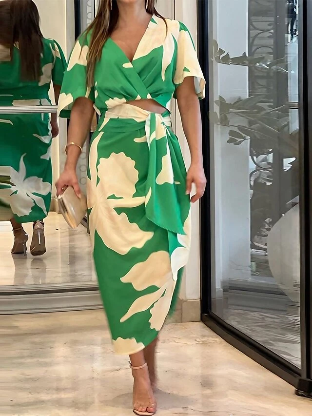 Women's Two Piece Dress Set Sheath Dress Print Dress Outdoor Holiday Casual Ruched Print Maxi Dress V Neck Half Sleeve Floral Regular Fit Green Summer Spring S M L XL XXL 1 Women's Two Piece Dress Set Sheath Dress Print Dress Outdoor Holiday Casual Ruched Print Maxi Dress V Neck Half Sleeve Floral Regular Fit Green Summer Spring S M L XL XXL