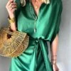 Women's Casual Dress Loose Dress Mini Dress Polyester Fashion Daily Outdoor Daily Vacation V Neck Lace Up Half Sleeve Fall Autumn 2023 Loose Fit Green Plain S M L XL