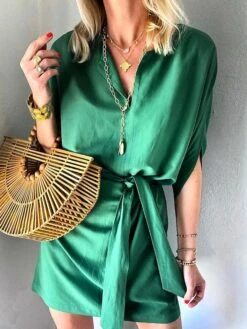 Women's Casual Dress Loose Dress Mini Dress Polyester Fashion Daily Outdoor Daily Vacation V Neck Lace Up Half Sleeve Fall Autumn 2023 Loose Fit Green Plain S M L XL