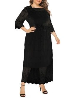 Women‘s Plus Size Curve Prom Dress Party Dress Lace Dress Long Dress Maxi Dress Black 3/4 Length Sleeve Pure Color Lace Summer Spring Fall Square Neck Fashion Winter Dress Birthday Evening -HAYz Clothing Shop dxlfbg1691399448299